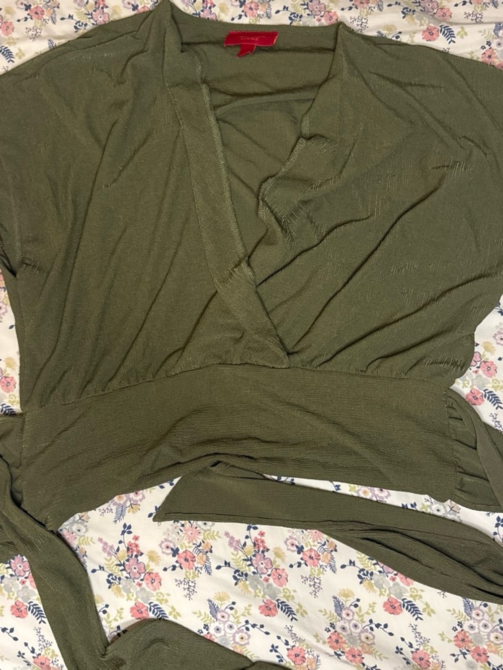 Jennifer Lopez Olive Wrap V-Neck Short Sleeve Top